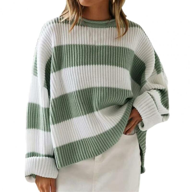 Женский вязаный свитер с круглым вырезом, свободный плотный пуловер с цветными блоками, Эластичный Уютный женский свитер с защитой от усадки и длинными рукавами, Осень-зима