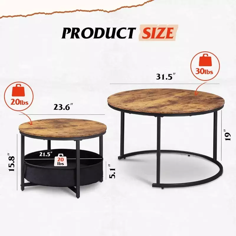 Coffee Table Set of 2, 32in Round Nesting Table for Living Room,Small Circle Table with Storage for Small Space,Metal Frame