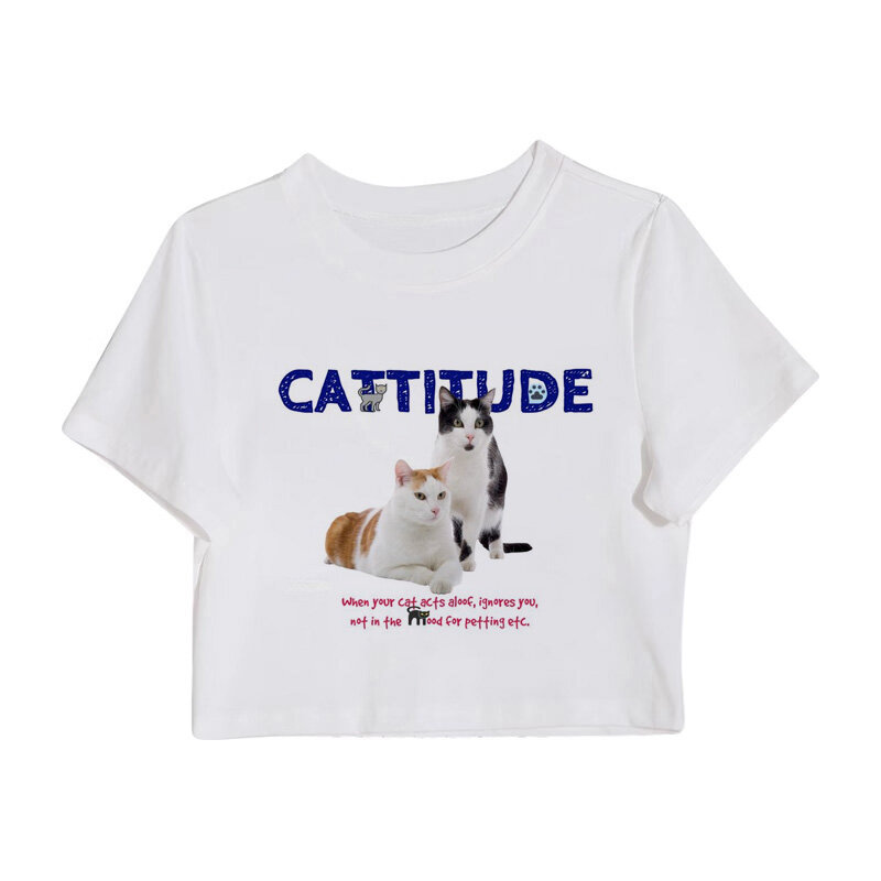 Женский укороченный топ Y2k, футболка, облегающая Милая летняя уличная одежда в стиле Харадзюку с кошкой, винтажная Детская футболка с коротким рукавом, Популярная Корейская одежда