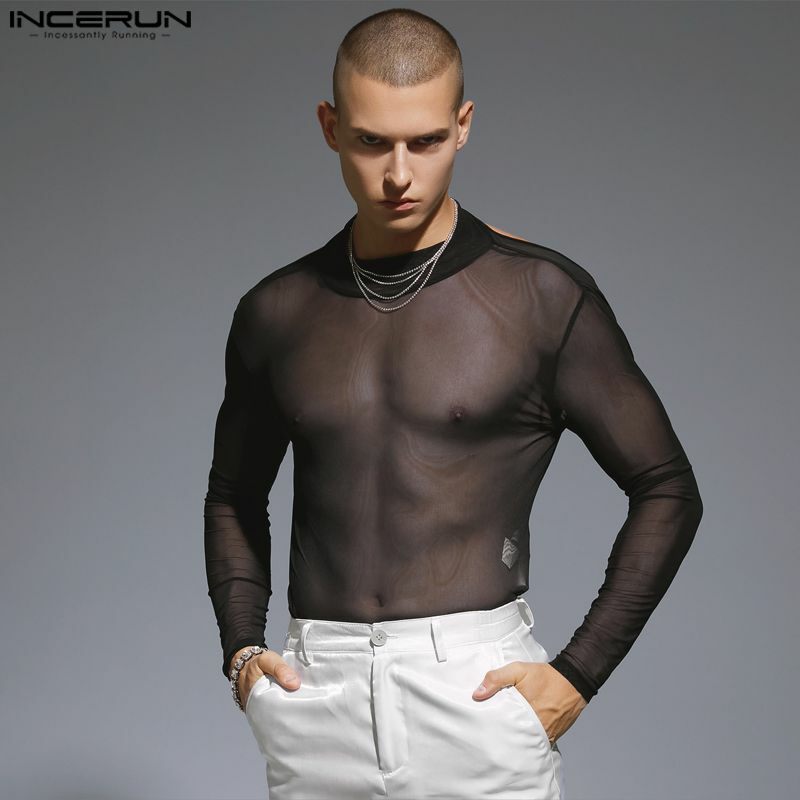 Incerun-bodysuits sexy de ver através dos homens, malha, macacão de costas abertas, alça elegante, manga comprida, macacões triangulares, homewear, S-3XL, 2023