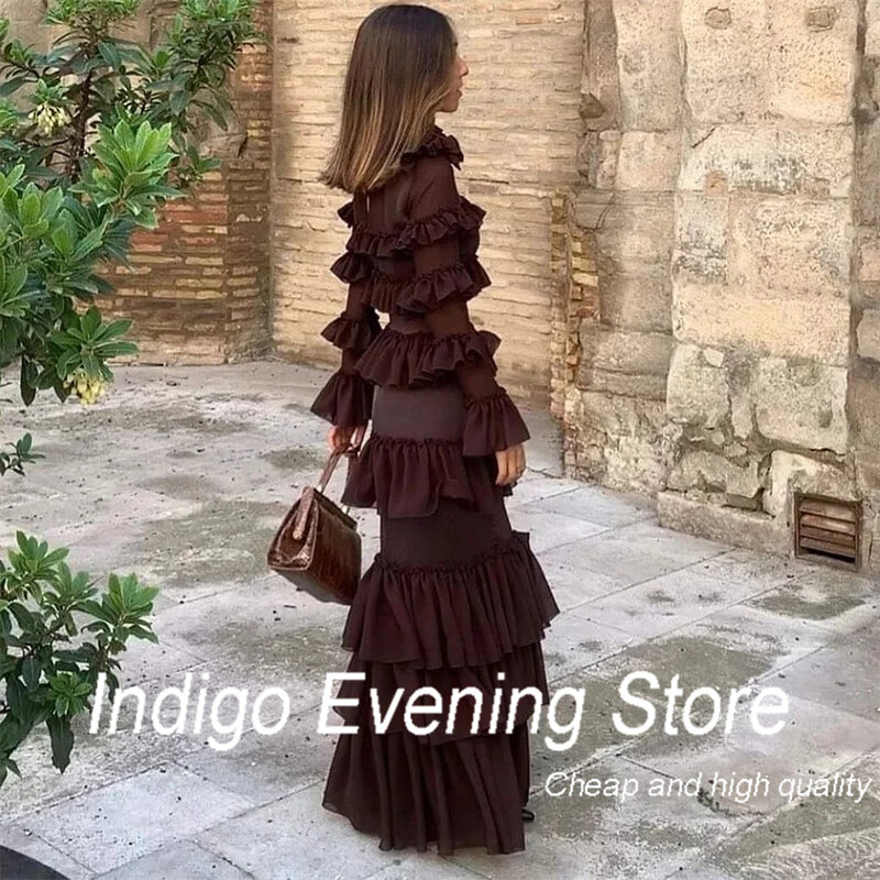Robe de soirée formelle indigo pour femme, col haut, jupe à volants, longueur au sol, robe de soirée, 2024