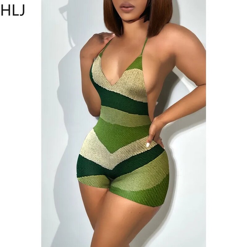 HLJ Sexy Retro Print Deep V Bodycon Rompers Women Thin Strap Sleeveless Backless Slim Jumpsuits Fashion Female One Piece Overall