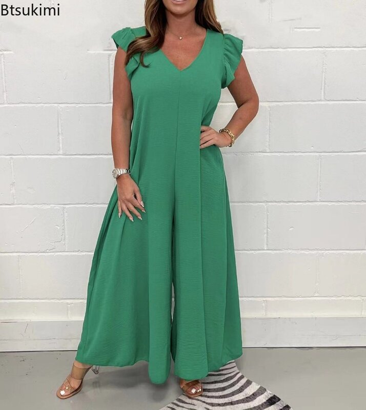 New 2024 Women's Casual Ruffle Sleeve V Neck Jumpsuit Solid Flared Trousers Summer Commuter Female Wide Leg Rompers Outfits
