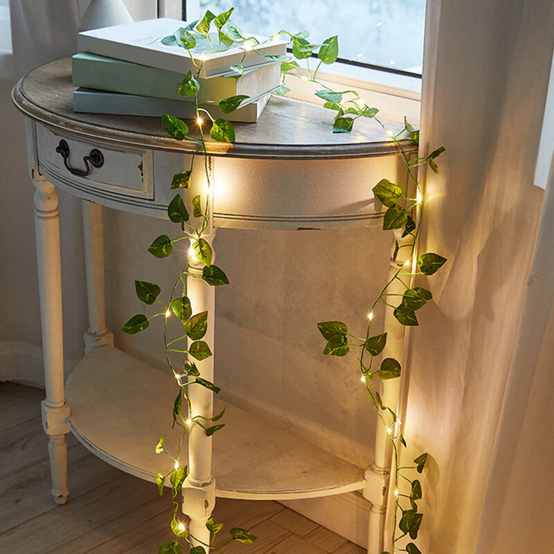 Lampu karangan bunga LED Strip daun hijau, lampu dekorasi anggur buatan hangat tali pohon bertenaga baterai lampu peri