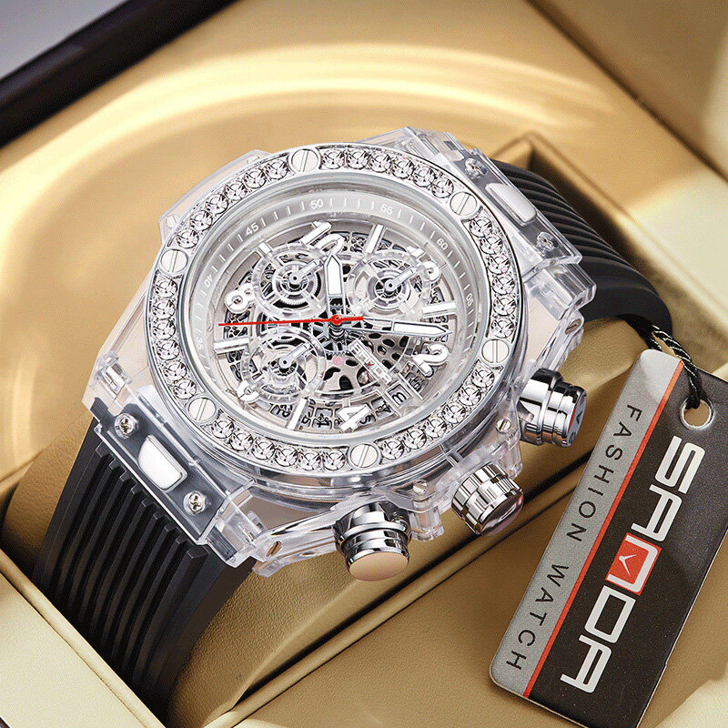 2023 nowy modny, kreatywny męski zegarek kwarcowy luksusowy, wydrążony pasek silikonowy 30M wodoodporne, świecące chronograf z datownikiem zegarki na rękę