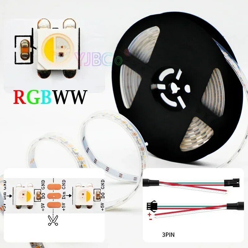 Bande lumineuse LED adressable, barre de lampe flexible, 4 couleurs en 1, RGBW, RGBWW, SMD 5050, RGB + W/WW Pixle IC SK6812, 30 LED, 60/144 LED, m, 5V