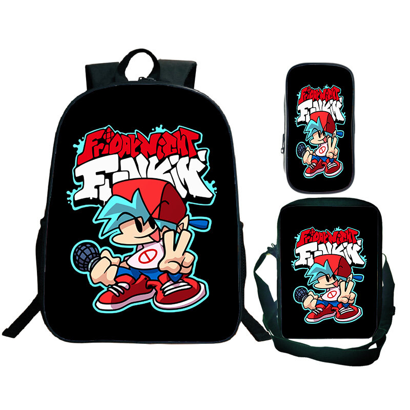Jogo Friday Night Funkin Print Backpack Set para crianças, mochilas escolares de grande capacidade para meninos e meninas, mochila de viagem, mochilas Anime, 3pcs