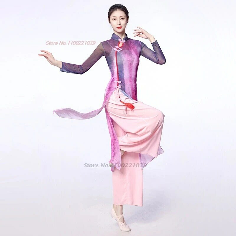Traje folclórico chinês tradicional, vestido gradiente nacional, performance de palco, tops e calças Qipao, vestido gradiente nacional, folclore vintage, 2024