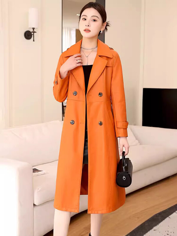 New Women Spring Autumn Leather Coat Fashion Turn-down Collar Double Breasted Slim Sheepskin Coat Split Leather Trench Coat
