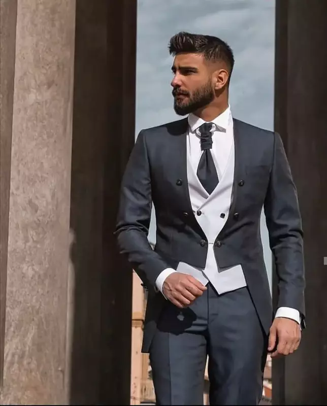 Terno cinza estilo noivo de 3 peças para homens, traje fino, smoking, blazer de baile, terno, calças e colete