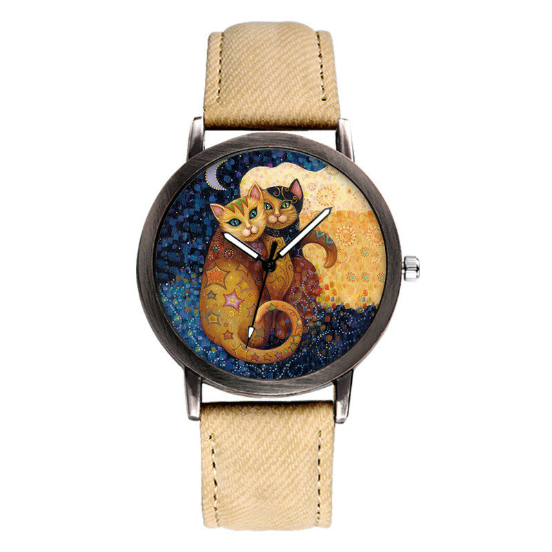 女性と女の子のための高級時計,猫のダイヤル,革,クォーツ時計,新しいコレクション2022