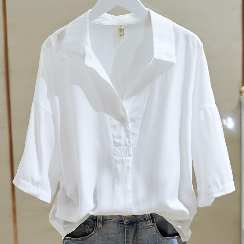 Short Sleeved Cotton Lapel White Shirt for Women Spring/Summer New Korean Loose Fit Versatile Solid Button V-neck Pullover Top