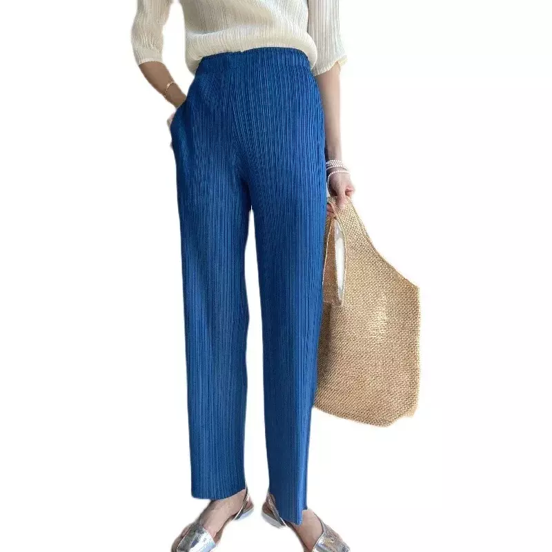 Miyake-Pantalones rectos plisados de cintura alta para mujer, pantalón informal, suelto, diseñador, primavera, verano, Otoño e Invierno