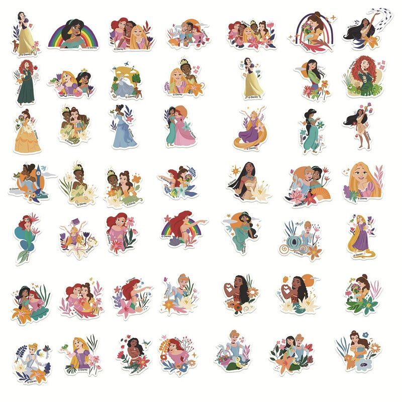 Pegatinas de película de princesa de Disney para niños, calcomanía de Anime para monopatín, portátil, motocicleta, guitarra, paquete de pegatinas de dibujos animados Kawaii, 50 piezas