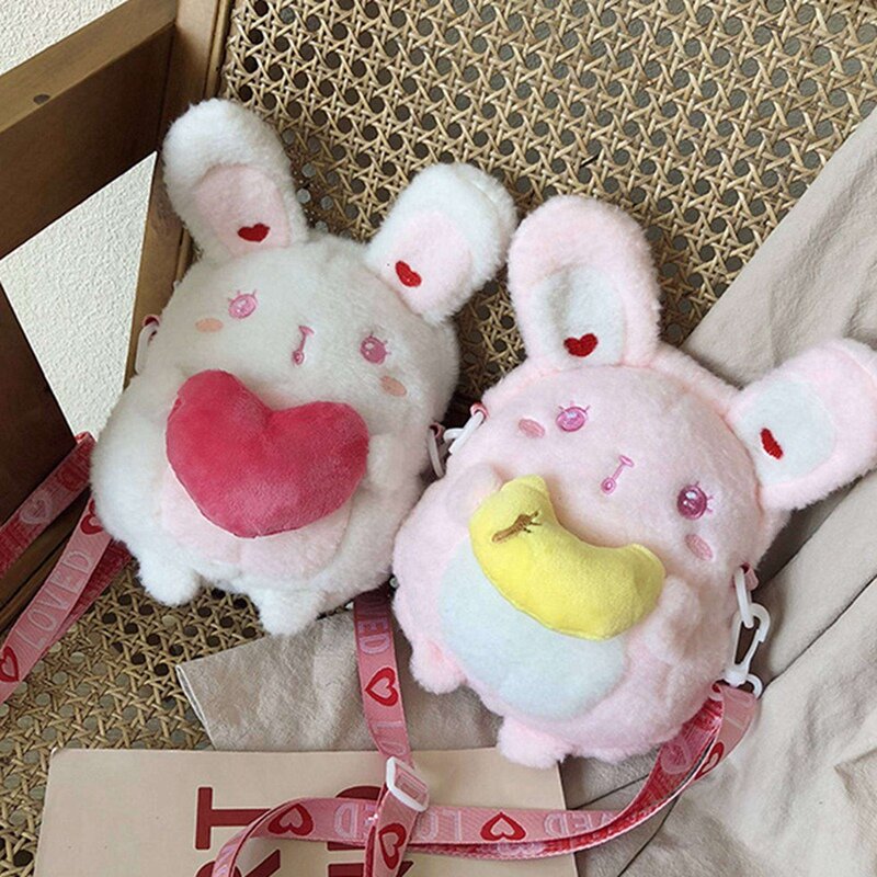 Saco bonito do mensageiro do coelho para a menina, bolsa do coração, saco de ombro, armazenamento, branco e rosa, 2x