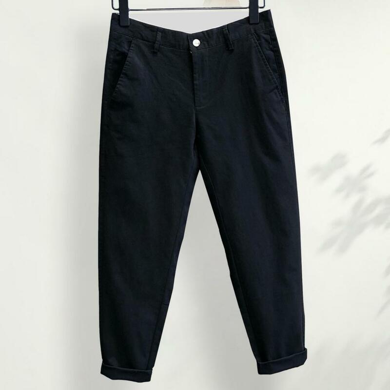 Повседневные брюки, стильные мужские облегающие брюки 9/10 со средней талией, однотонные дышащие тканевые модные уличные брюки до щиколотки