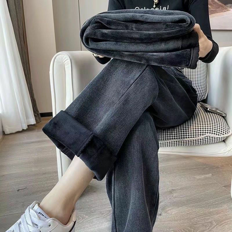 Женские утепленные джинсы с широкими штанинами, утепленные прямые мешковатые брюки с подкладкой, корейский стиль, 2023