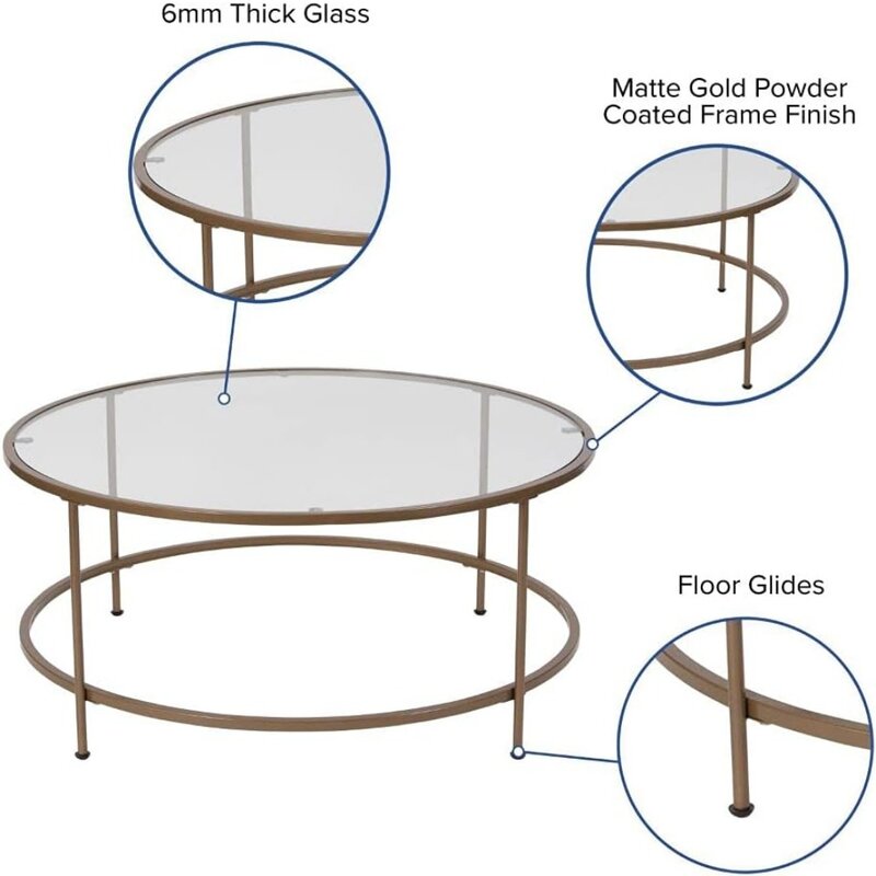 Astoria Collection Round Coffee Table - Modern Clear Glass Coffee Table - Brushed Gold Frame Restaurant Tables Furniture Dining
