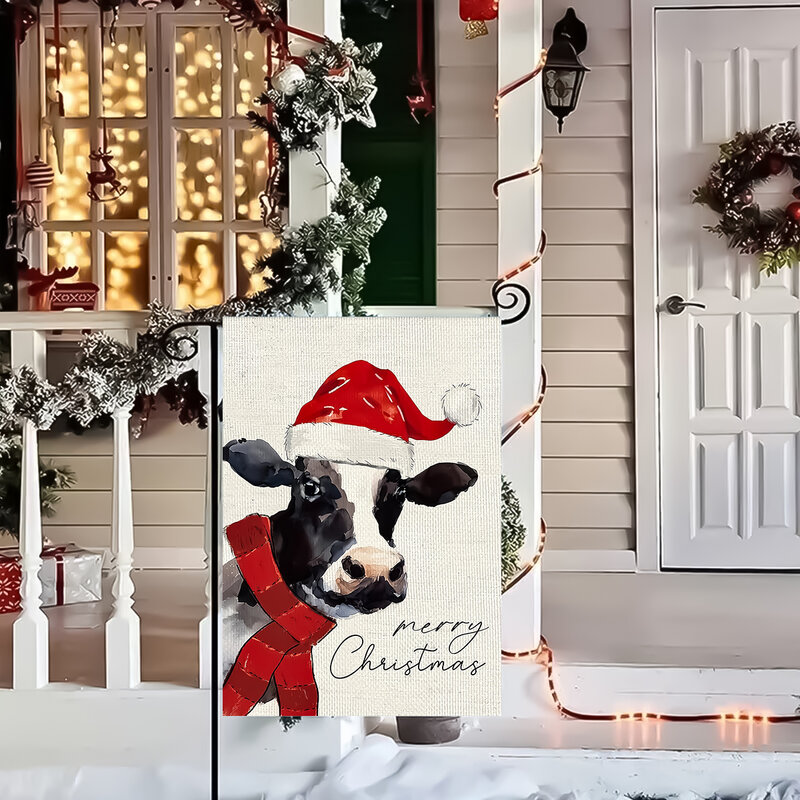 Bandera de jardín impresa de doble cara con patrón de vaca de muñeco de nieve cálido, decoración de Patio de granja de Navidad, excepto postes de bandera, 1pc