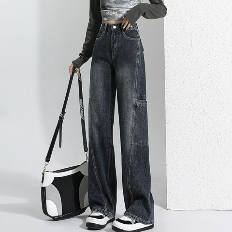 Blue Vintage Cargo Denim Pants For Women Fashion Design Sense Straight-leg Streetwear  2023 Jeans Female Clothing