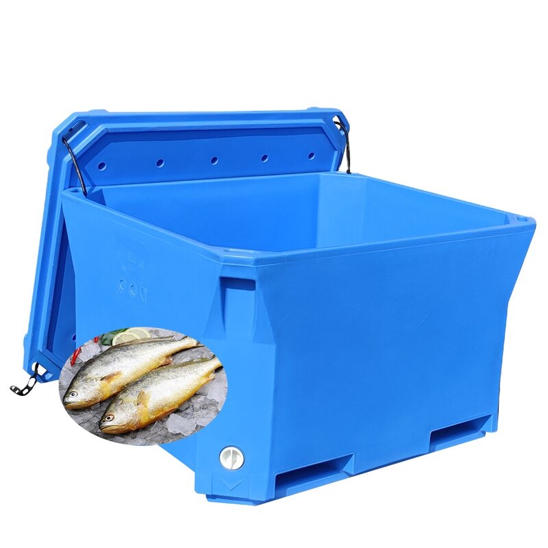 Contenedor personalizado de procesamiento de pescado aislado, LLDPE, rotomoldeo, 660L, proceso y transporte de carne y mariscos