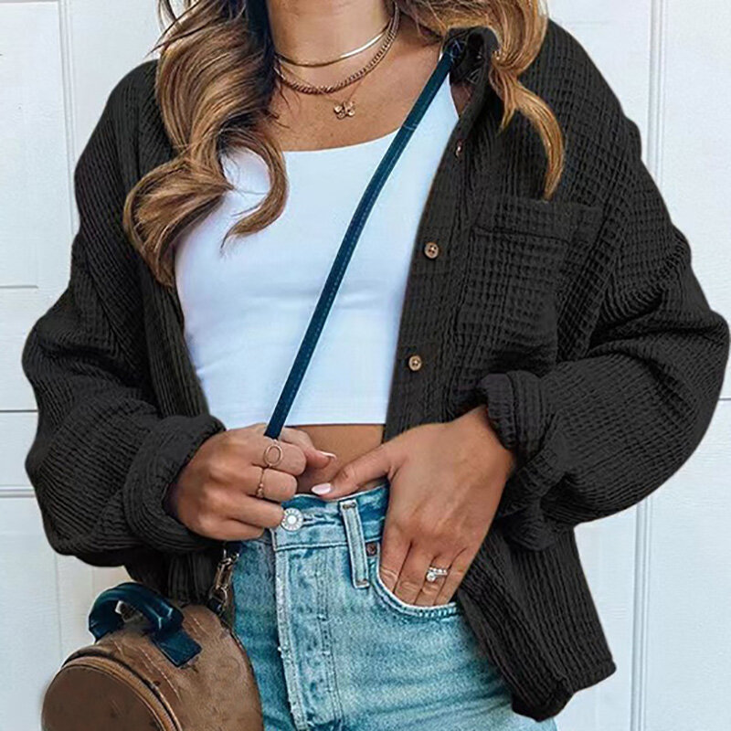 New Jackets For Women Fashion Turn Down Collar Button Knitted Cardigan Female Solid Casual Coat 2022