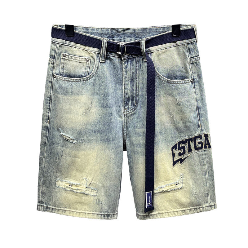Pantalones cortos de mezclilla para hombre, Shorts elásticos informales, a la moda, color azul claro, nostálgicos, novedad de verano 2024