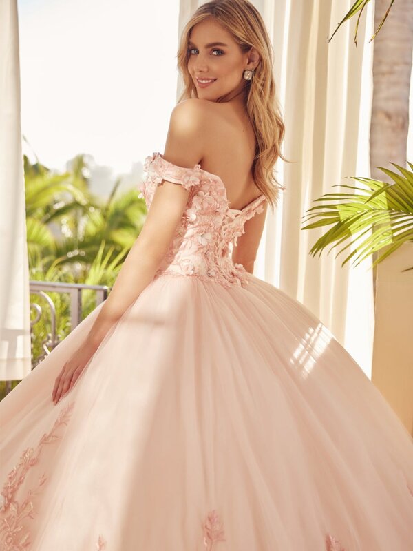 Charmante Appliques 3d Bloem Quinceanrra Prom Jurken Elegant Off The Shoulder Prinses Lange Roze Sweet 16 Dress Vestidos