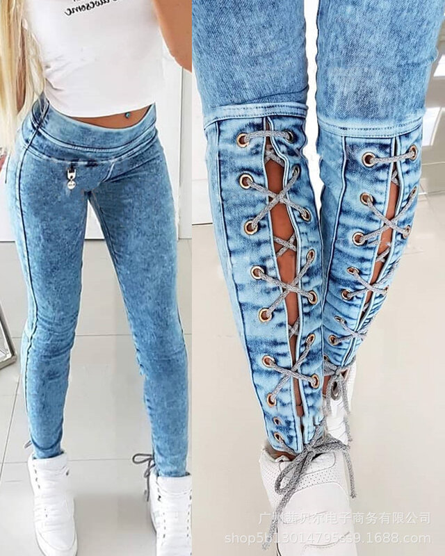 Узкие джинсы на шнуровке с высокой талией, женские брюки, Дизайнерские однотонные обтягивающие джинсы на шнуровке, повседневные синие джин...