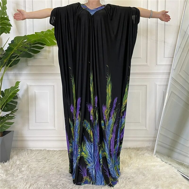 Sexy V-Hals Zomerjurk Voor Vrouwen Losse Moslim Print Lange Jurk Met Korte Mouwen Ruches Dubai Abayas Robe Elegante Femme