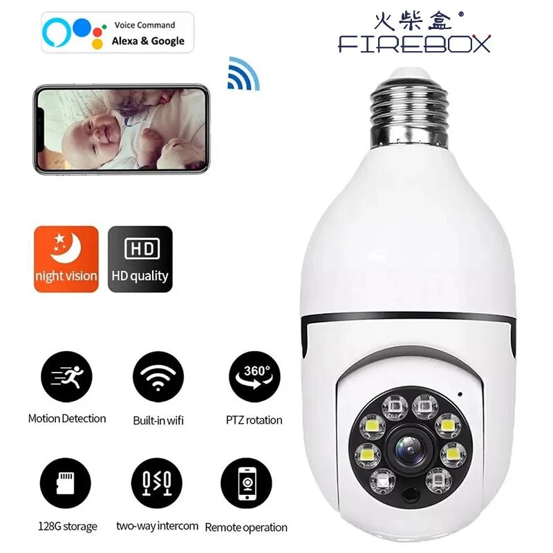 Лампочка E27, полноцветная камера наблюдения с функцией ночного видения, автоматическое слежение за людьми, зум, внутренний монитор безопасности, Wi-Fi камера