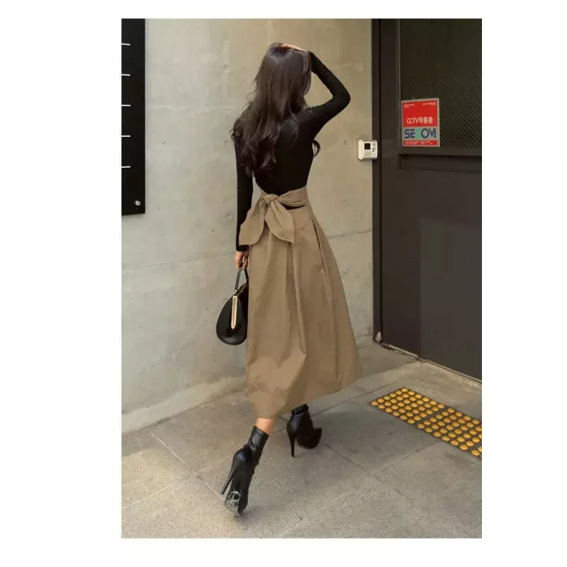 Faldas de cintura alta con lazo para mujer, faldas A media pierna, elegantes, ajustadas, combinadas con todo, moda coreana
