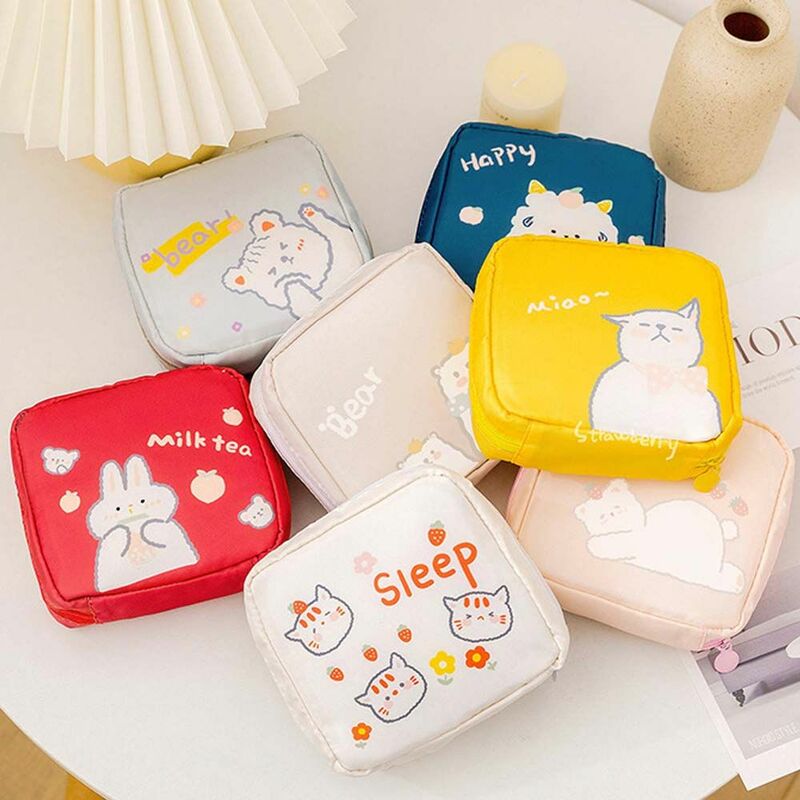 Carteira coreana de desenhos animados para meninas, bolsa de tampão bonito, coelho e urso, guardanapo sanitário, bolsa de maquiagem, bolsa de viagem, diversos