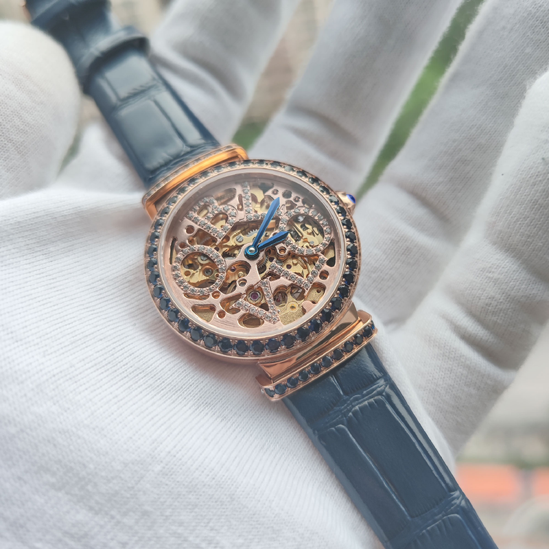 Oblvlo นาฬิกาอัติโนมัติสุดหรูสำหรับผู้หญิงเคสโลหะสีน้ำเงินสายหนังลูกวัวกันน้ำหน้าปัดแซฟไฟร์ขนาด34มม.