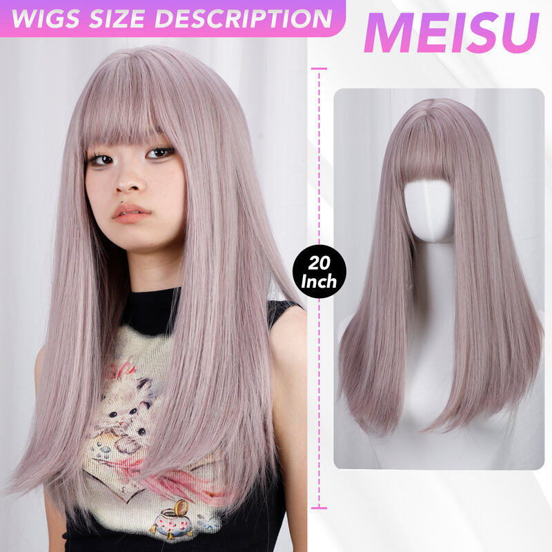 MEISU-peluca recta con flequillo de aire para mujer, cabellera sintética de fibra de 24 pulgadas, color gris y morado, resistente al calor, ideal para fiesta o Selfie, uso diario