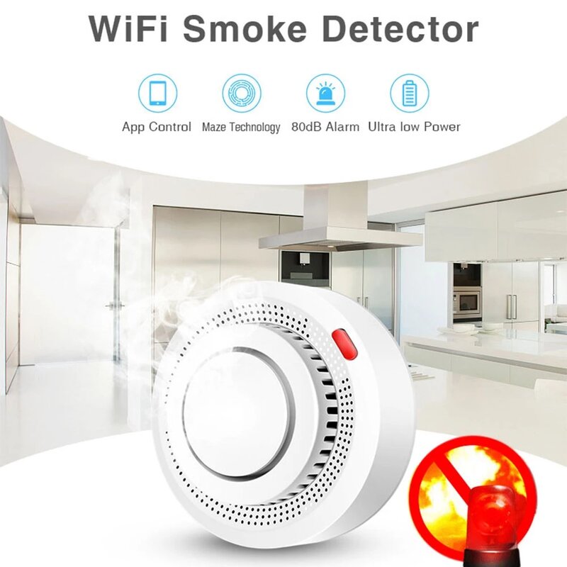 Tuya detektor dymu WiFi czujnik Alarm przeciwpożarowy współpracuje z inteligentnym życiem APP informacje Push inteligentny System alarmowy do domu strażacy