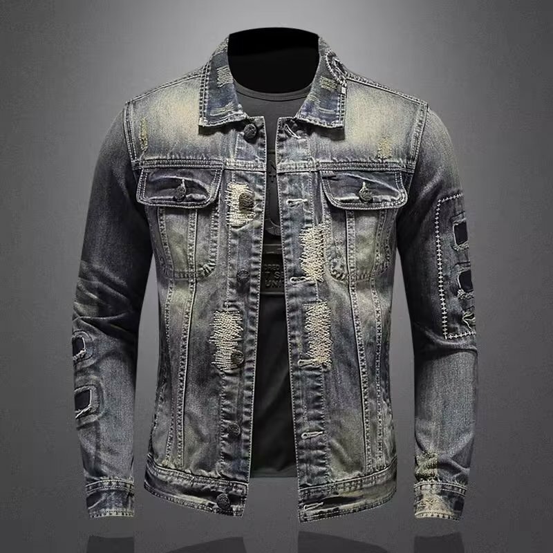2024 Spring and Autumn New Fashion Trend Ripped Vintage Jeans Jacket Men's Casual Loose Comfortable High Quality Plus-Size Coat