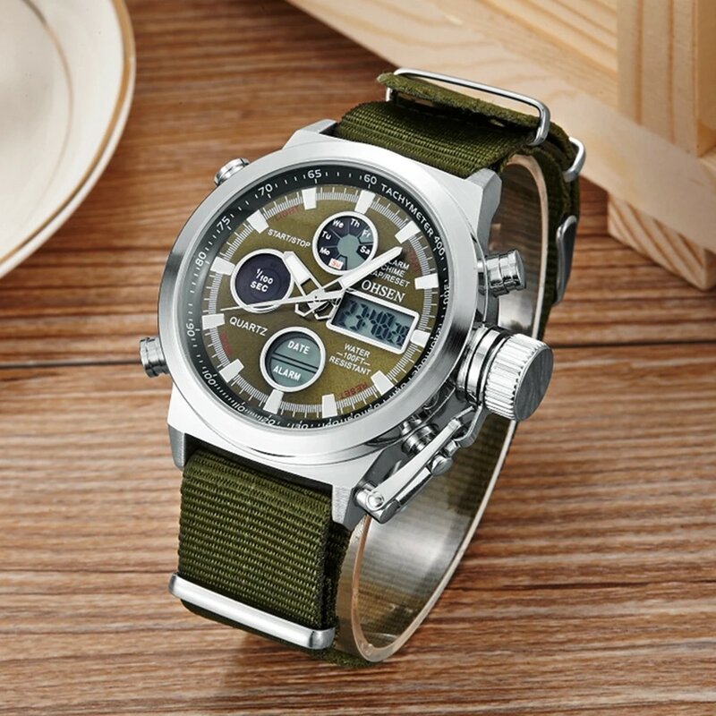 OHSEN Men Quartz Watches Military Sports Watch Digital Army Green Canvas Strap Waterproof Watches Dual Time Men Clock Wristwatch
