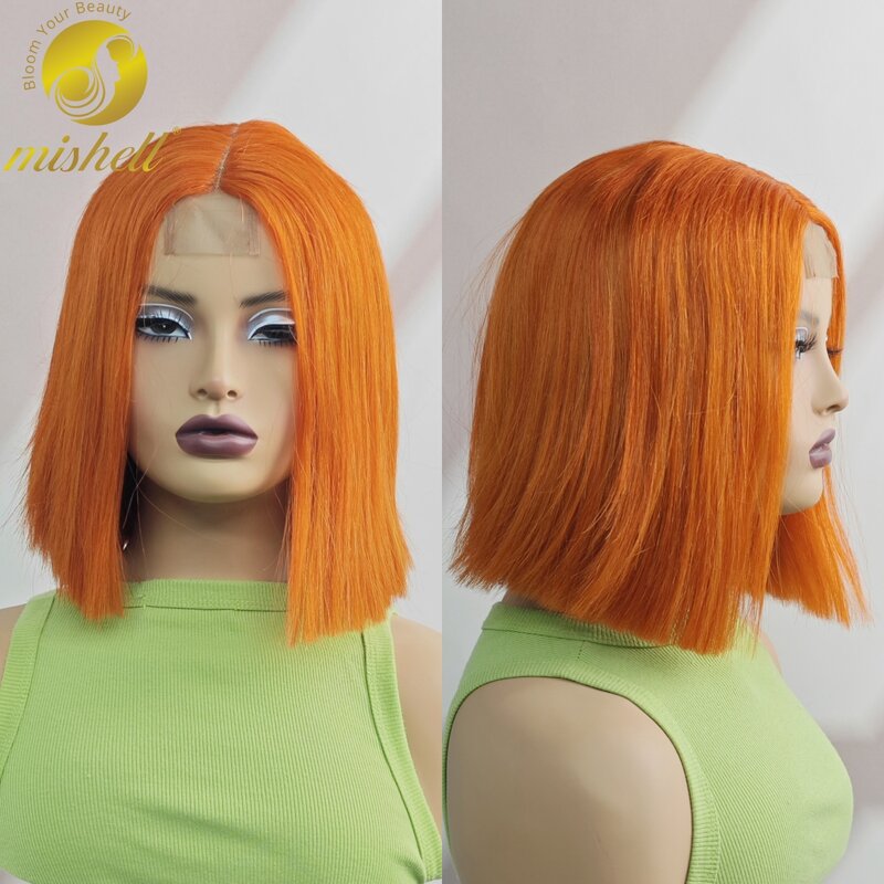 Rambut palsu Bob lurus kepadatan 180% Wig rambut manusia 2x6 renda jahe oranye pendek lurus berwarna Wig Bob rambut Brasil prepped