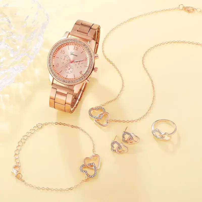 6PCS Set  Fashion Wristwatch Casual Ladies Bracelet Watches Rose Gold Luxury Watch Women Ring Necklace Earring Rhinestone