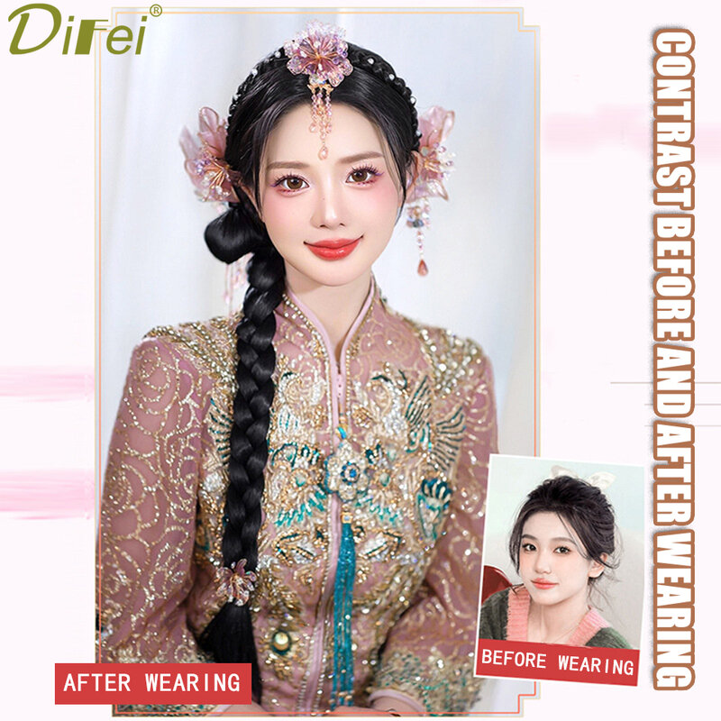 DIFEI Synthetic Wig Braid Female Ponytail Princess New Chinese Wide Twist Long Braid Natural Long Braid