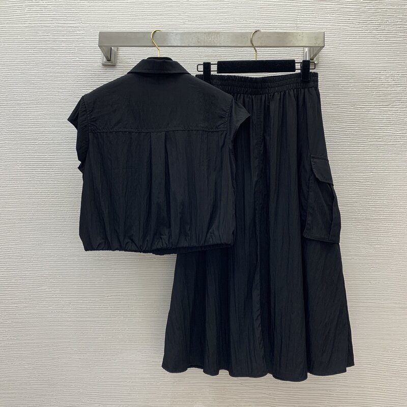 24 Women's Top New Fashion Lapel Short Top + High Waist Skirt Silk Wool Suit Black Khaki Blue G3042