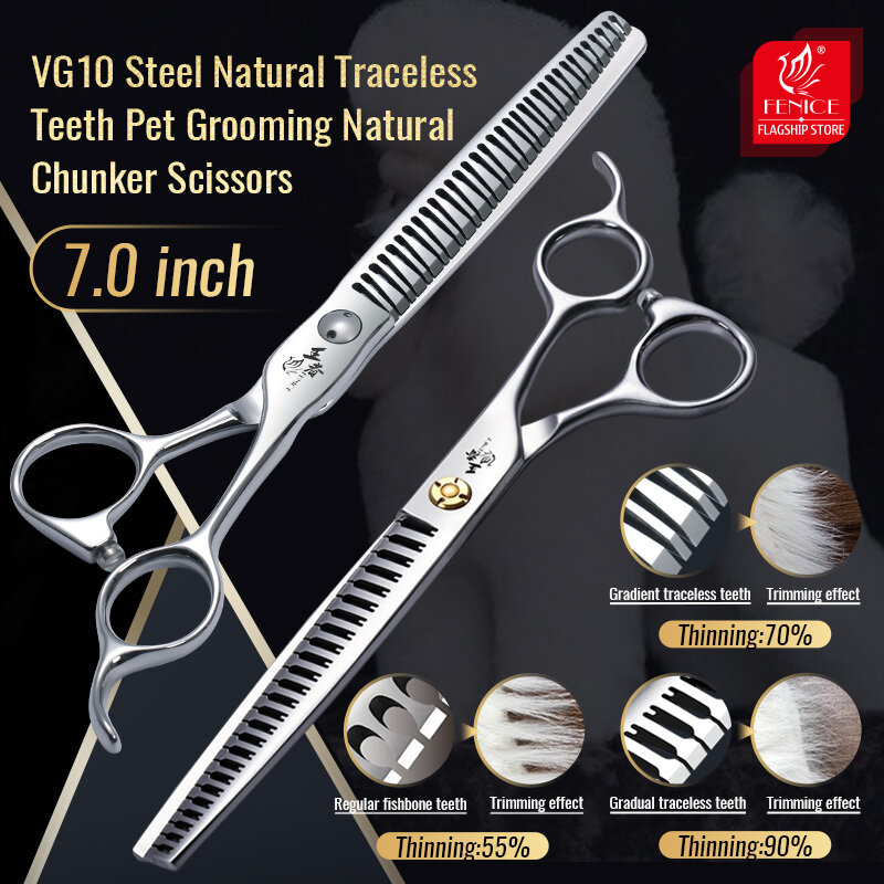 Fenice 7.0 Inch VG10 Traceless Teeth Dog Grooming Chunker/Natural Scissors Double Tail Nail Pet Shears 70%/90% Thinning Rate