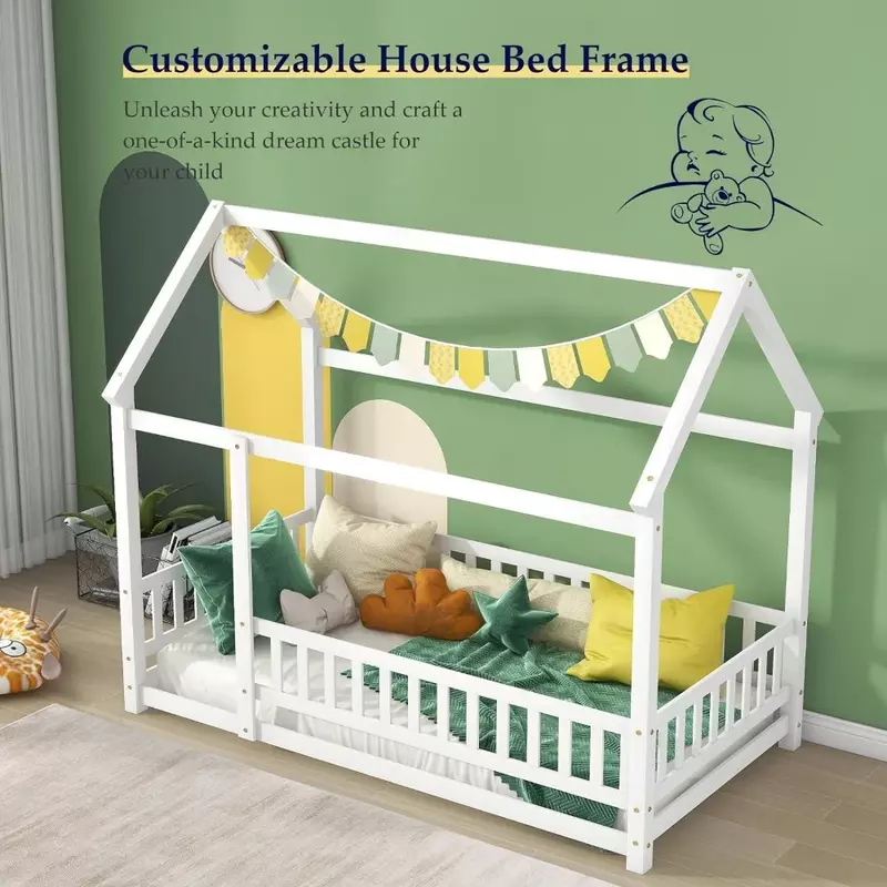 Twin children's bed, Montessori floor-to-ceiling bed with armrests, floor-to-ceiling bed frame with roof, wooden house bed
