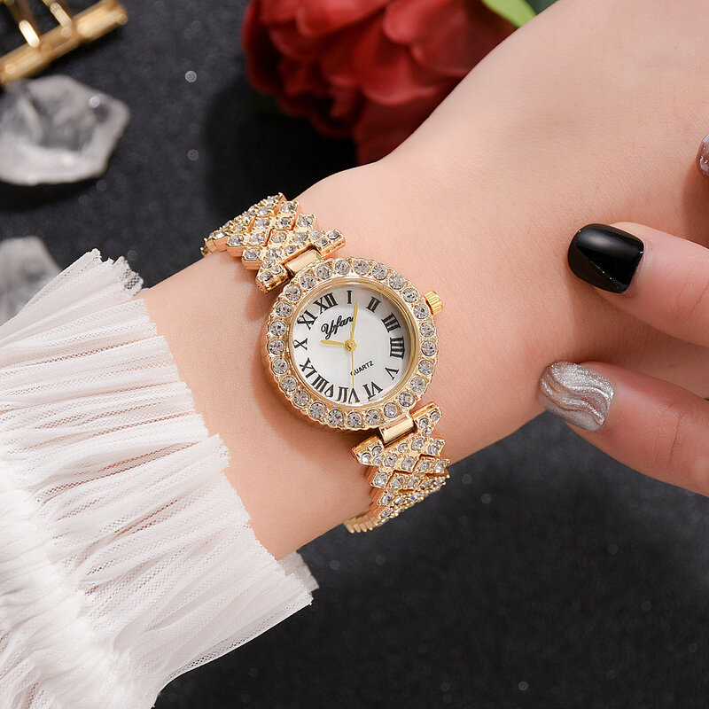 Женские часы в стиле хип-хоп, розовое золото, модные женские кварцевые наручные часы с бриллиантами, элегантные женские часы-браслет, компле...