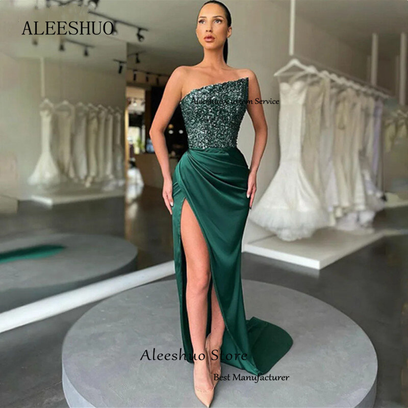 Aleeshuo-sexy sem mangas sereia vestido de baile, lantejoulas brilhantes, fenda lateral alta, sem alças, vestido de festa, 2023