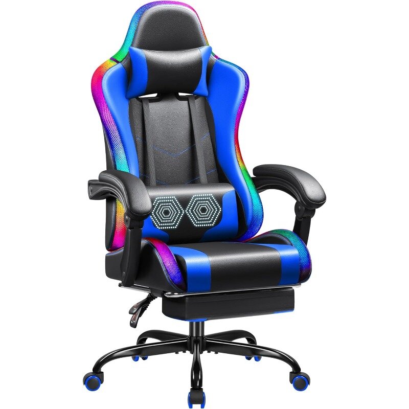 Gaming-Stuhl mit LED-RGB-Lichtern, Fuß stütze und Massage-Lordos stütze, ergonomischer Computers itz höhen verstellbar mit 360 ° drehbar