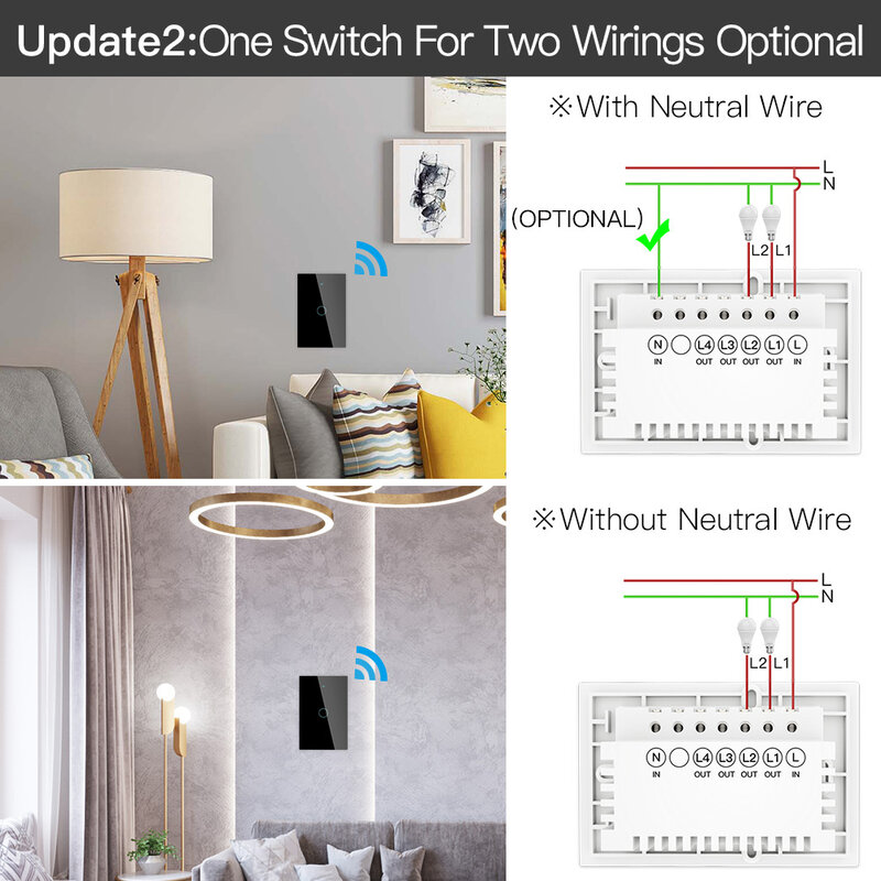 Tuya ZigBee Wall Touch Smart Light Switch With Neutral/No Neutral,No Capacitor Smart Life/Tuya Works with Alexa,Google 2/3 Way