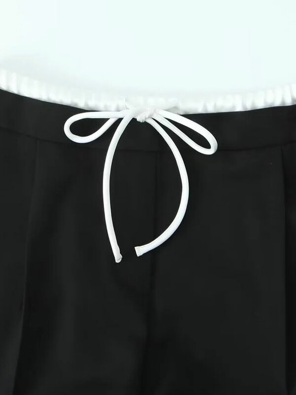 TRAF-Pantalones informales para mujer, Pantalón recto de pierna ancha, en la cintura con cordón, básico, color negro, Otoño, 2024