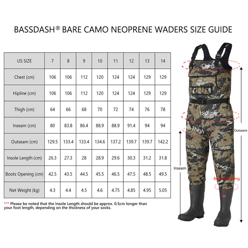 Bassdash Bare Camo neoprenowe klatki piersiowej wędkarstwo polowanie Waders dla mężczyzn z 600 gramów izolowane gumowe buty stóp w 8 rozmiarach dżungli